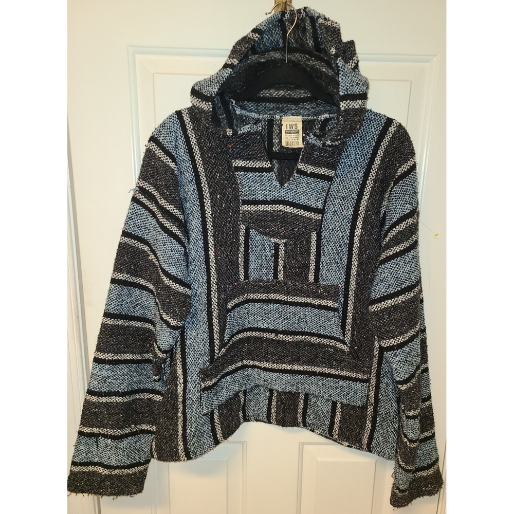 Mexican Baja‎ Hoodie Sz  LG Poncho woven Mexican Hooded Sweater Surfer Baja Blue